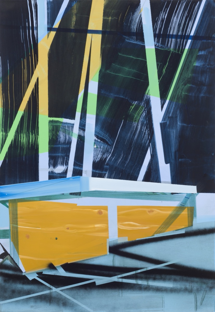 Hütte vor nächtlichen Himmel, 100 cm x 130 cm, Acryl, Öl, Lack auf
          Leinwand, 2013